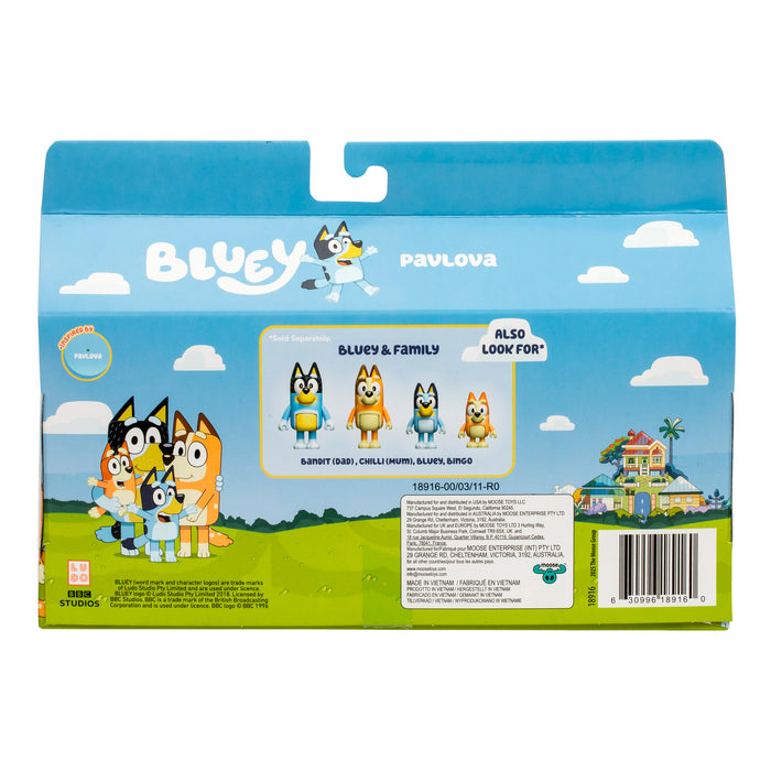 The Bluey Let’s Play Chef Pavlova 4-Pack Figure Set packaging features Bluey and her family on a blue and yellow background, images of the four collectible figures, product info, and a barcode in the bottom right corner.