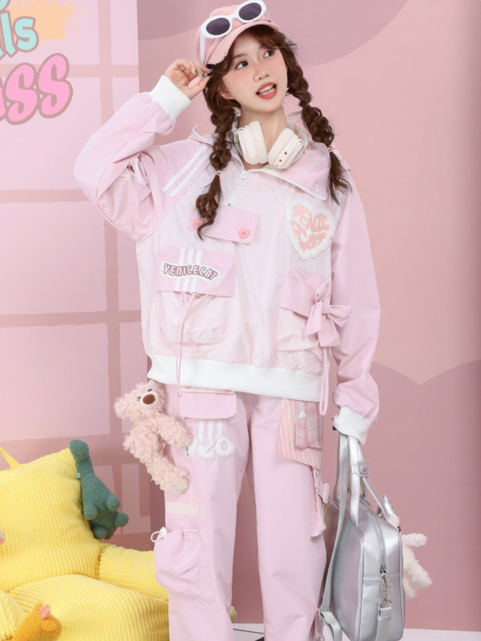 Bow Pockets and Asymmetrical Zipper Pullover Hooded Jacket