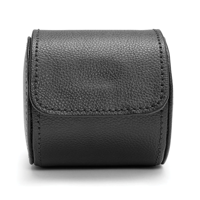 Black British Racing single watch roll in compact leather with rounded ends and stitching