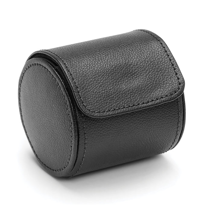 Side view of black British Racing single watch roll showing rounded end caps and stitching
