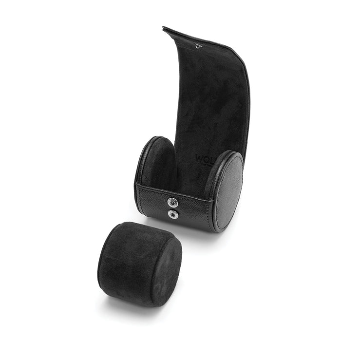 Open black leather watch roll with suede lining and padded cushions for a single timepiece
