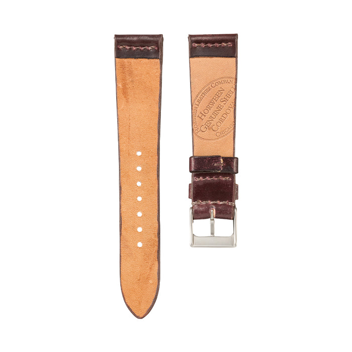 Brown Teddy Baldassarre Shell Cordovan leather watch strap back view showing tan lining and buckle