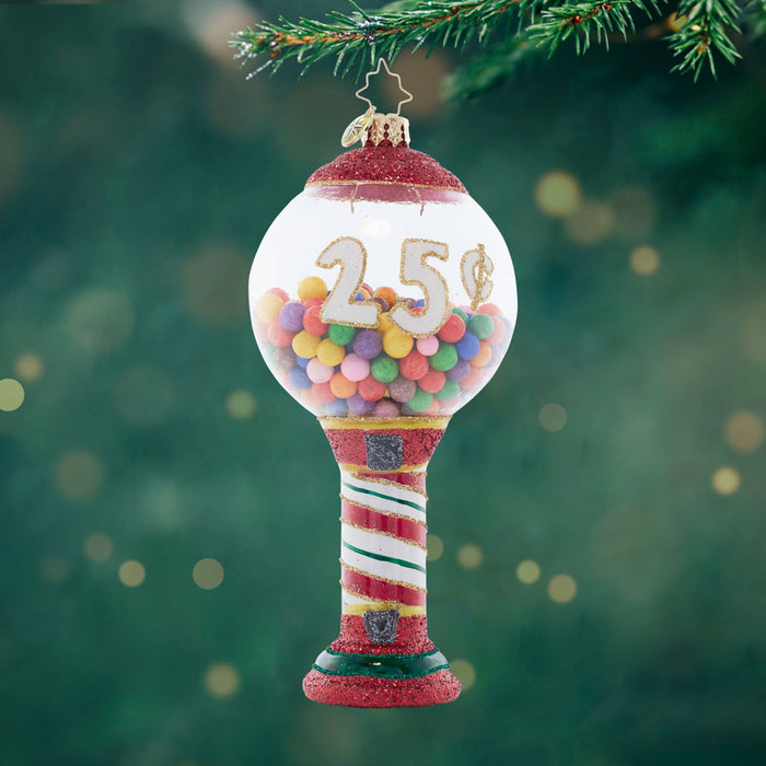 Front image - Bubblegum Bliss - (Gum ball machine ornament) - Gumball machine shaped ornament with red and white stripes and multicolored gumballs and