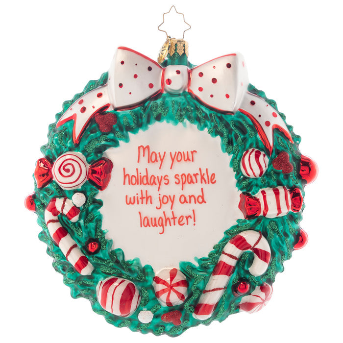 Ornament Description - Candy Cane Delight Personalized: A thoughtful, well-rounded holiday treat; a ring of warm wishes and peppermints so sweet! This commemorative wreath is the perfect way to celebrate the sweetest season of them all! Note: Please allow approximately one month (on top of shipping time) for our elves to personalize your ornament.