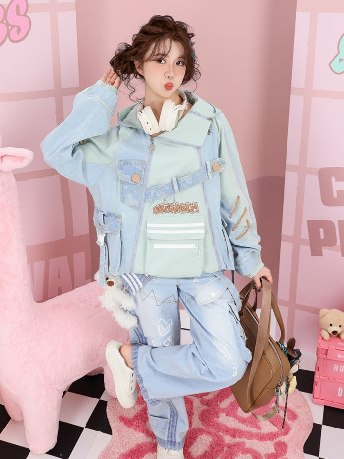 Cargo-Inspired Multi-Pocket Denim Patchwork Jacket