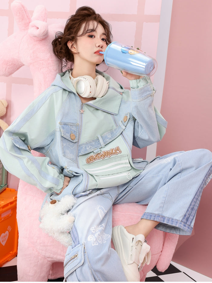 Cargo-Inspired Multi-Pocket Denim Patchwork Jacket