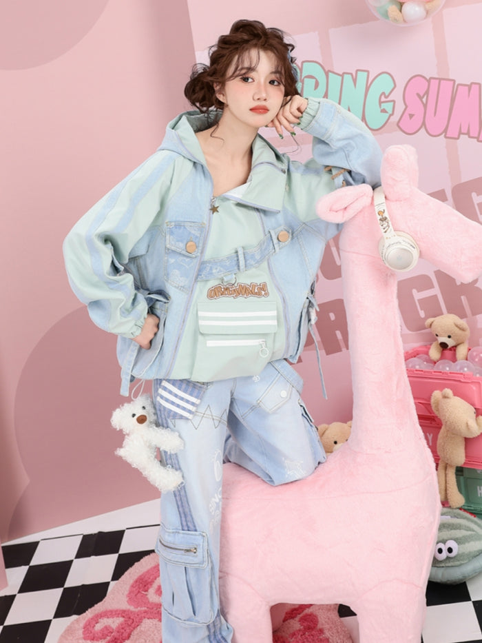 Cargo-Inspired Multi-Pocket Denim Patchwork Jacket