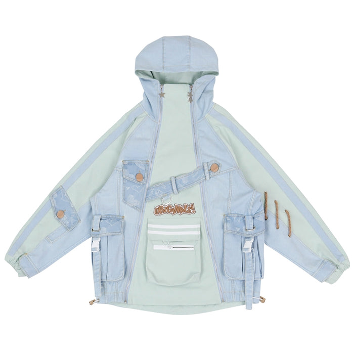 Cargo-Inspired Multi-Pocket Denim Patchwork Jacket
