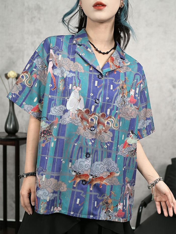 Casual Hanfu-Inspired Printed Short Sleeve Shirt