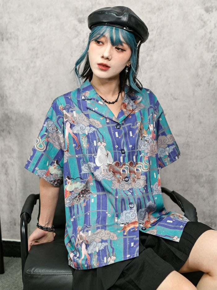 Casual Hanfu-Inspired Printed Short Sleeve Shirt