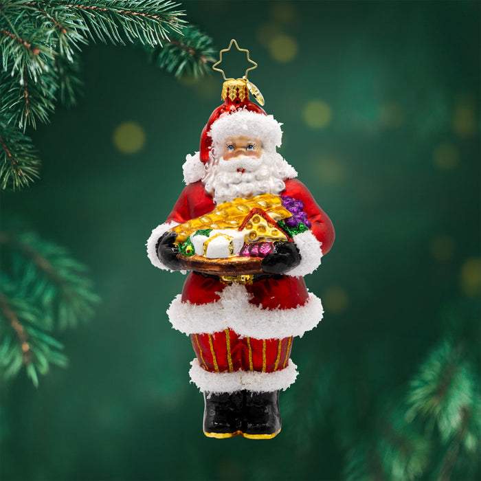 Charcuterie Claus ornament. Santa brings a scrumptious spread with a delightful cheese board. View of front.