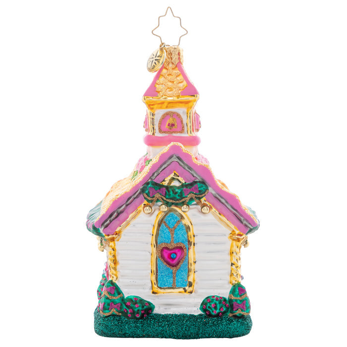 Back - Ornament Description - Charming Wedding Chapel: This cute little chapel is full of charm and cheer, with wedding bells ringing for all to hear.