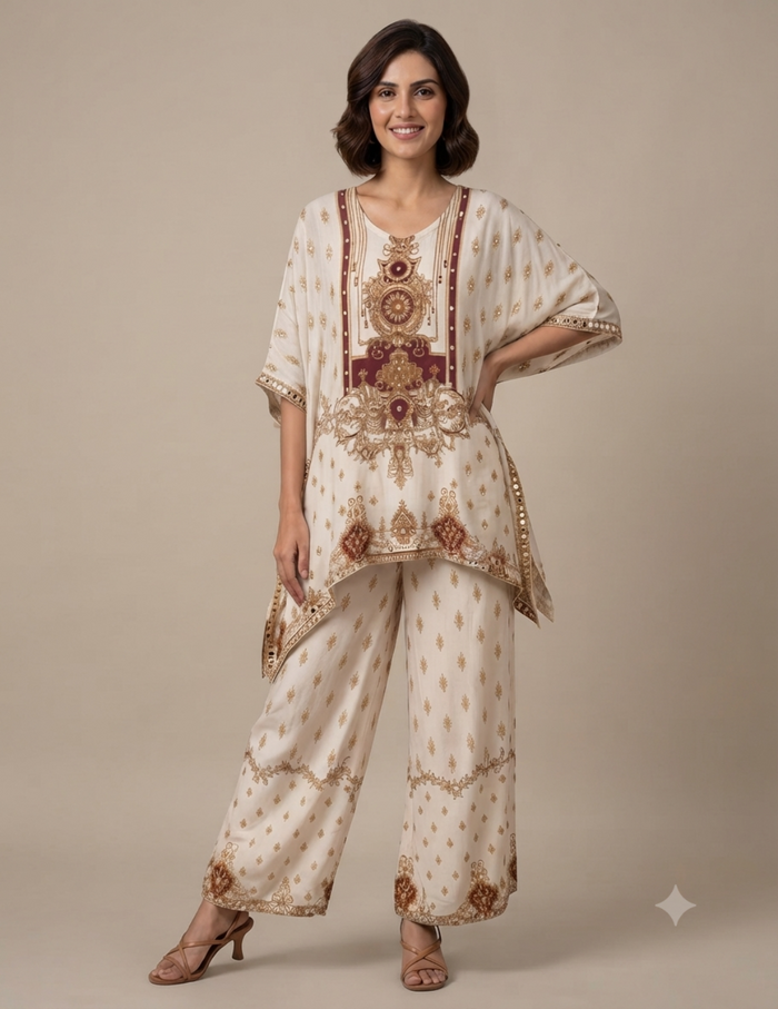 Model wearing an elegant cream-colored printed tunic and matching trousers set against a muted beige background.