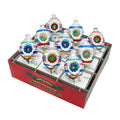 CHRISTMAS CONFETTI 9 COUNT 2.5" REFLECTOR TULIPS. Nine silver round tear-shaped ornaments with stripes of red, green, pink, and blue
