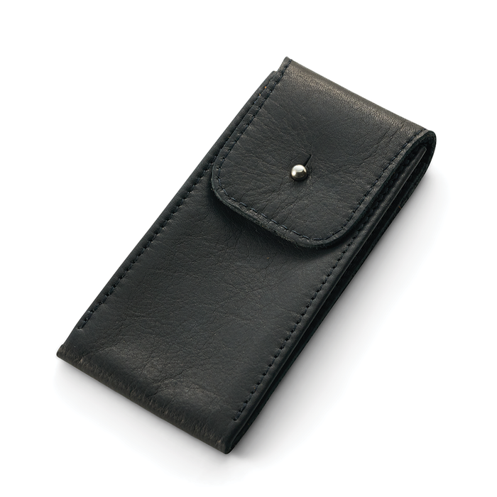 Black leather Classic Single Watch Pouch with front flap and silver snap.