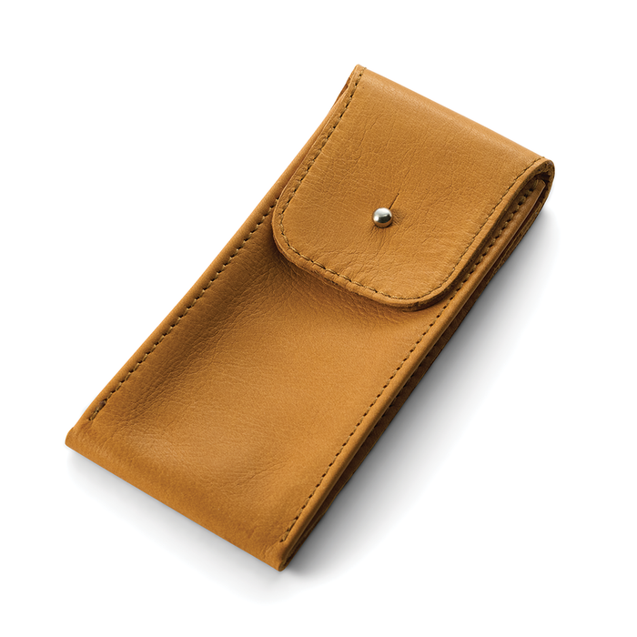 Tan leather Classic Single Watch Pouch with front flap and silver snap.