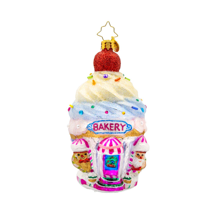 Confectionery Corner ornament.  A cupcake shop, complete with frosting, sprinkles, and all the festive flavors. View of front.