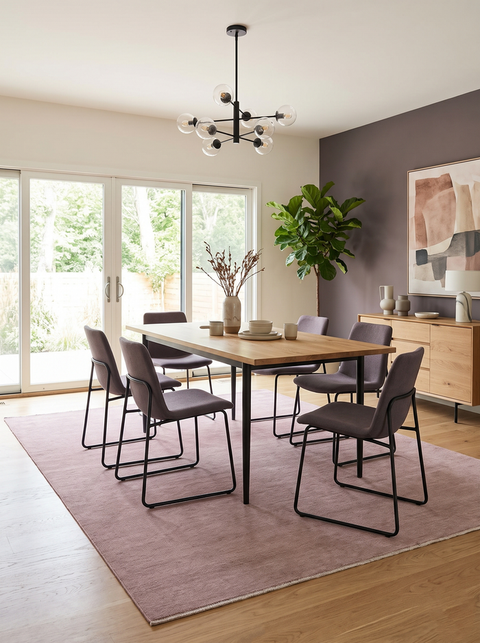 Solid mauve wool area rug, large rectangular flatweave for living and dining spaces.