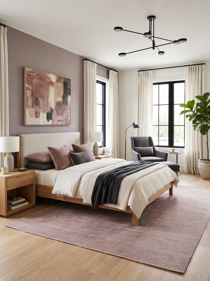 Solid mauve wool area rug under a bed, rectangular rug with neat flat surface.