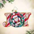 Front image - Cookie Joyful Delight - (Santa wreath ornament) - Ornament shaped as the word Joy, colored in red and white stripes with golden trim and a decorated wreath for the O.