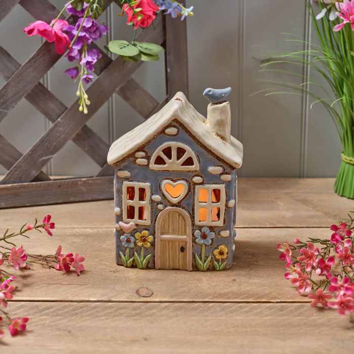 Cornflower Blue House with Bird & Embossed Flowers