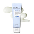 COSRX ultra light invisible sunscreen spf50 pa++++ 50ml light blue tube with white lid cream swatch on a clean white background