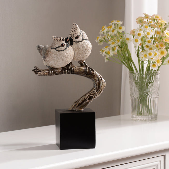 Couple Crested Tit On Branch Tabletop Décor (53008-B)