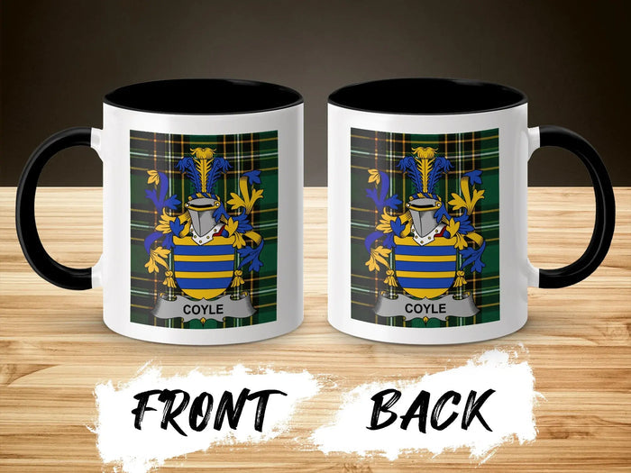 Two views of a mug featuring the Coyle family crest on a tartan background.