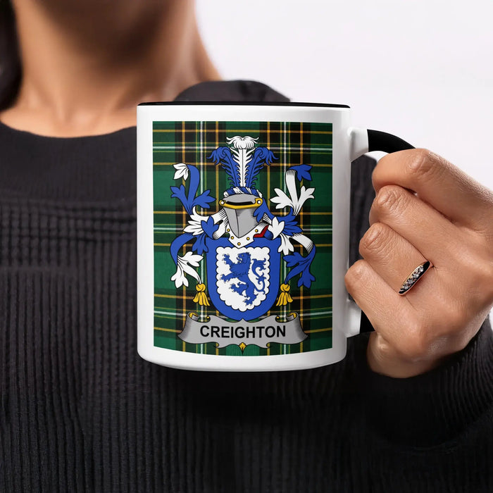 Creighton family crest mug design on an Irish National Tartan background