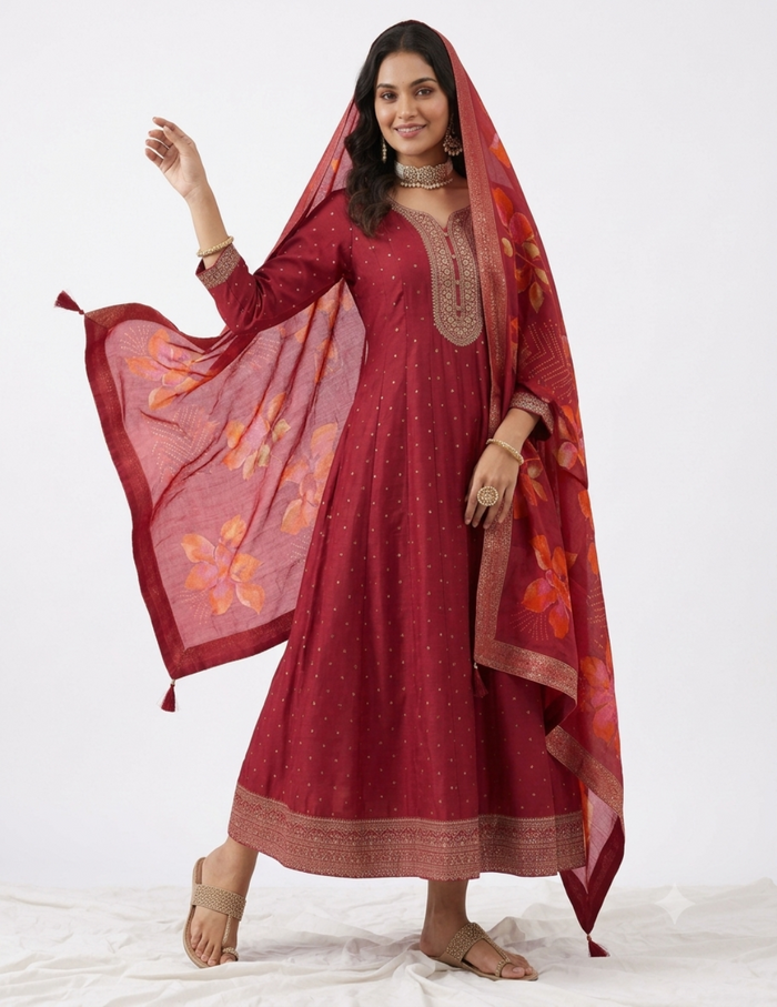 A woman models a traditional Indian salwar kameez set in deep red, featuring a long-sleeved kurta with gold embroidery, matching red trousers, and a sheer red dupatta with orange floral prints, set against a plain white studio background.