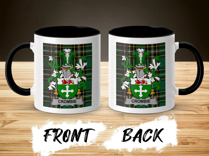 Mug with Crombie family crest on plaid background, front and back view.