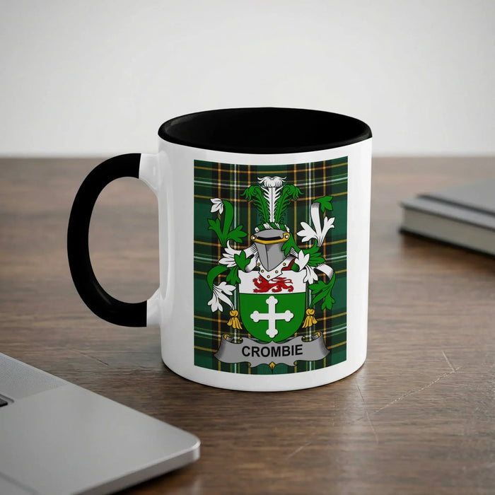 White mug with black handle featuring the Crombie family crest.