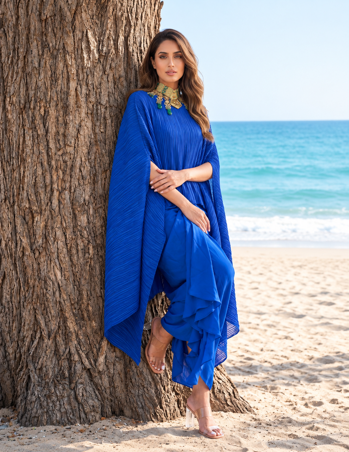 Crushed Blue Silk Cape & Skirt Set
