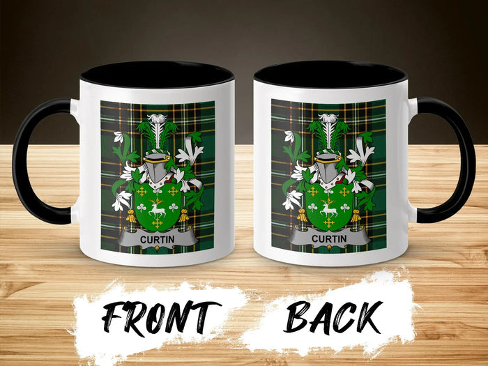 Two mugs displaying the CURTIN family crest on a green plaid background.