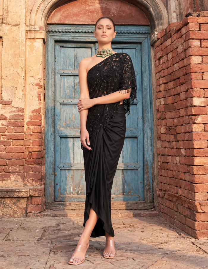 Cutwork Beaded One Shoulder Cape Set