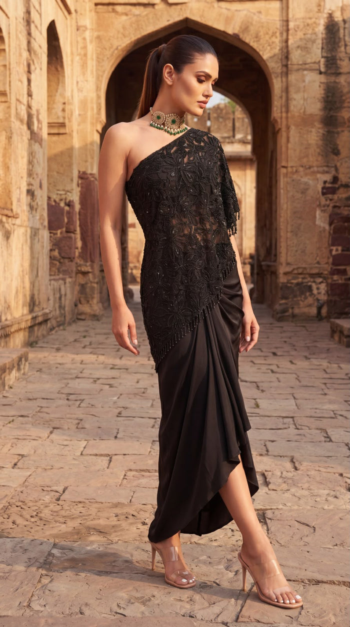 Cutwork Beaded One Shoulder Cape Set