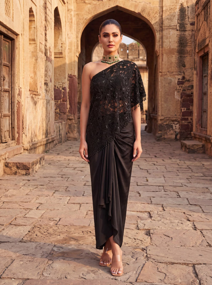 Cutwork Beaded One Shoulder Cape Set
