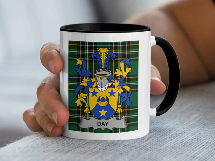 Mug with the DAY family crest, featuring blue stars on a gold background.