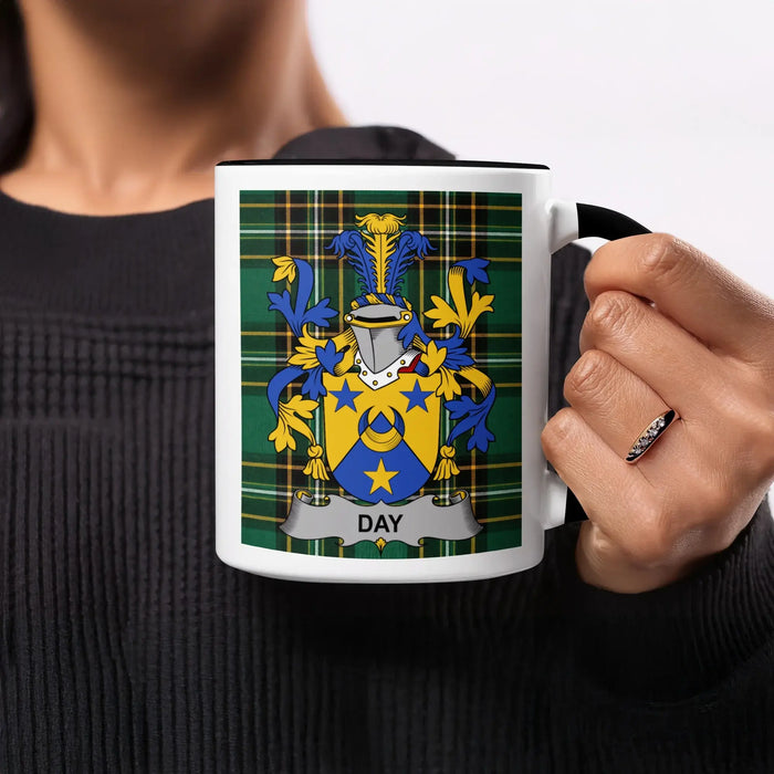 Mug featuring the Day family crest on a tartan background.