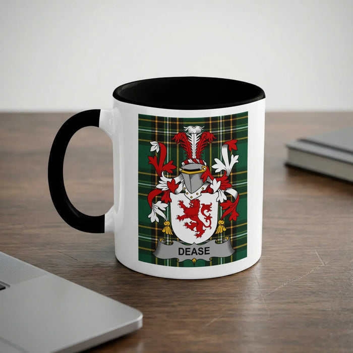 White mug with black handle displaying a coat of arms with DEASE text.