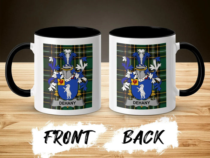 Two mugs showing the DEHANY family crest on a plaid background.