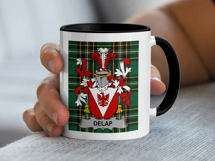 Delap Irish heritage mug with black handle and family crest