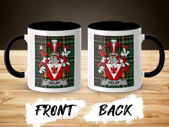 Two mugs with the DELAP coat of arms on a plaid background.