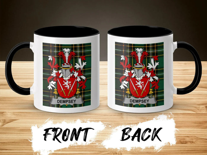Two white mugs with black interiors and handles, displaying the Dempsey family crest.