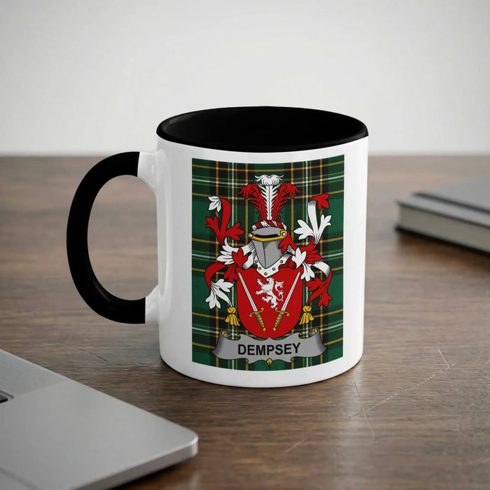 White mug with black handle and Dempsey family crest on a checkered background.
