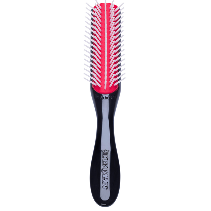 Denman D14 The Mini Curl Definer & Styler 5-Row Brush front view with anti-static rubber pad and 5 rows of smooth nylon pins for curl definition and precision styling.