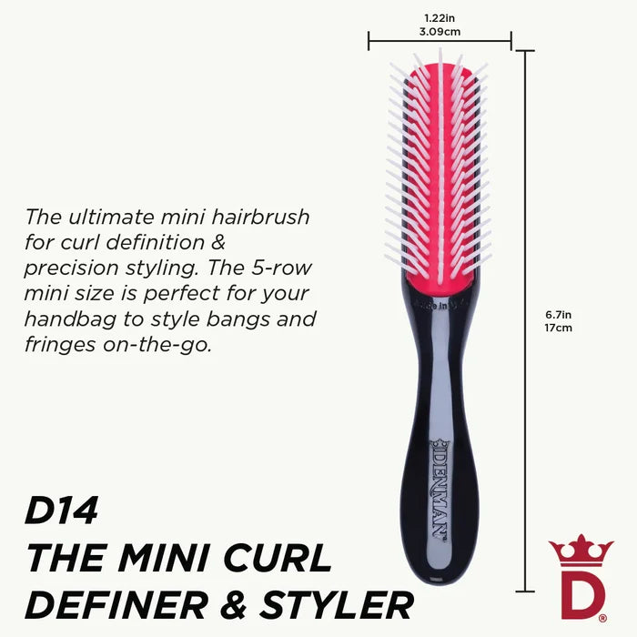 Denman D14 The Mini Curl Definer & Styler 5-Row Brush dimensions showing 17cm length and 3.09cm brush width, ideal for defining curls, styling fringes and on-the-go touch-ups.
