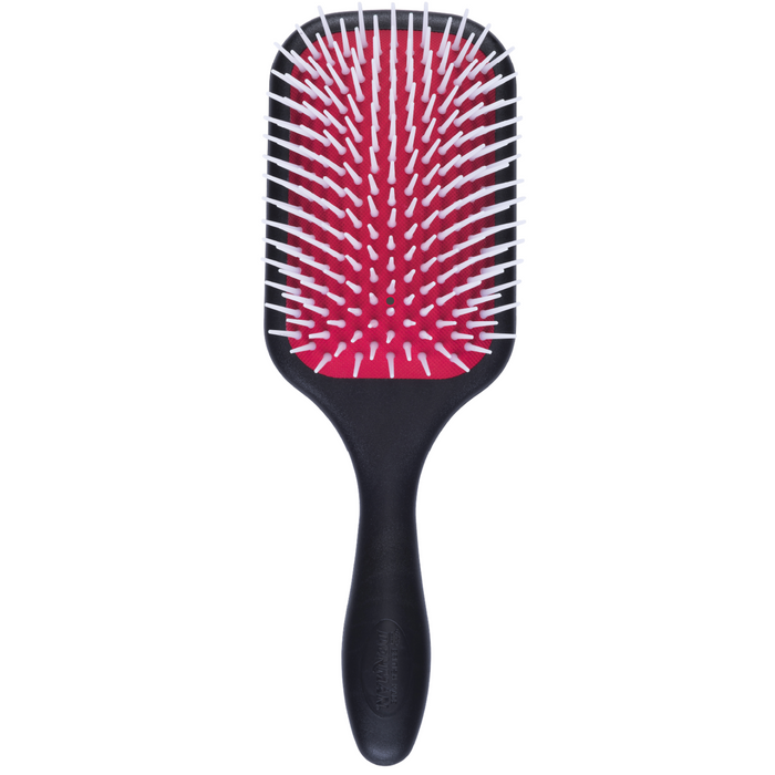 Denman D38 The Powder Paddle Brush front view with red air-cushioned pad and smooth rounded nylon pins for comfortable detangling and blow-drying.