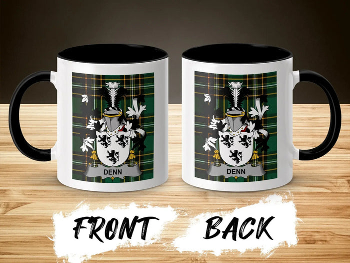 White mug with black handle displaying the Denn family crest on front and back.
