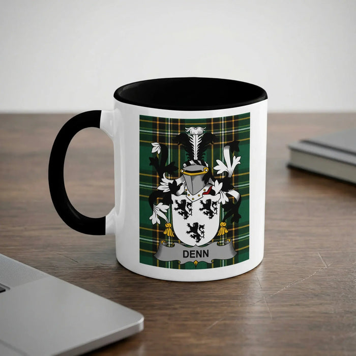 White mug with black handle featuring the Denn family crest.